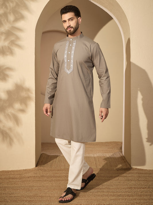 Embroidered Cotton Grey Kurta with White Pajama Set