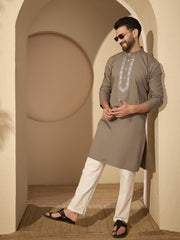 Embroidered Cotton Grey Kurta with White Pajama Set