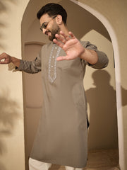 Embroidered Cotton Grey Kurta with White Pajama Set