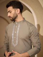 Embroidered Cotton Grey Kurta with White Pajama Set