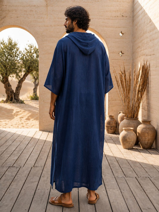 Men’s Navy Blue Hooded Linen Kaftan – Oversized Resort Wear Beach Cover-Up