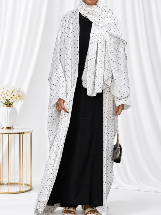 Polka Printed Modest Shrug Abaya with Black Inner & Matching Hijab