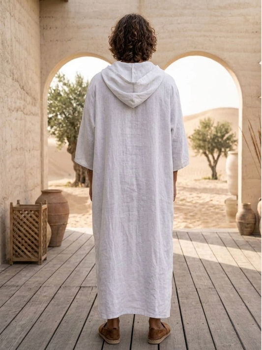 Men’s White Hooded Linen Kaftan – Oversized Resort Wear Beach Cover-Up