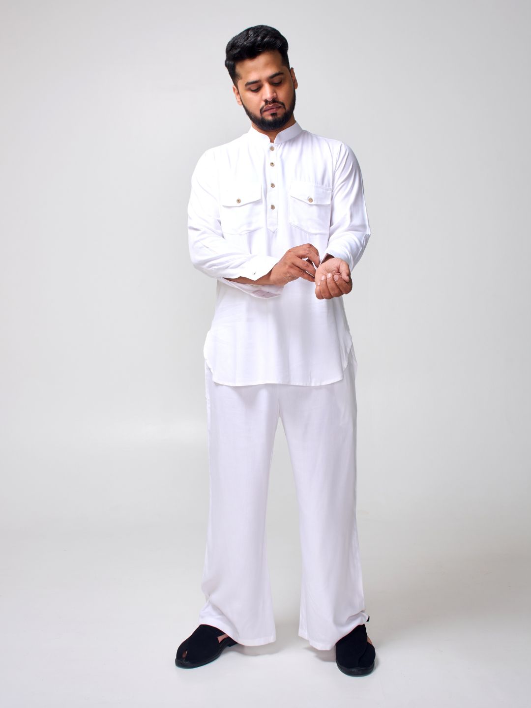 White Solid Farsi Kurta Pants Set for Men