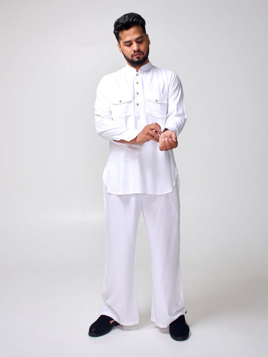 White Solid Farsi Kurta Pants Set for Men