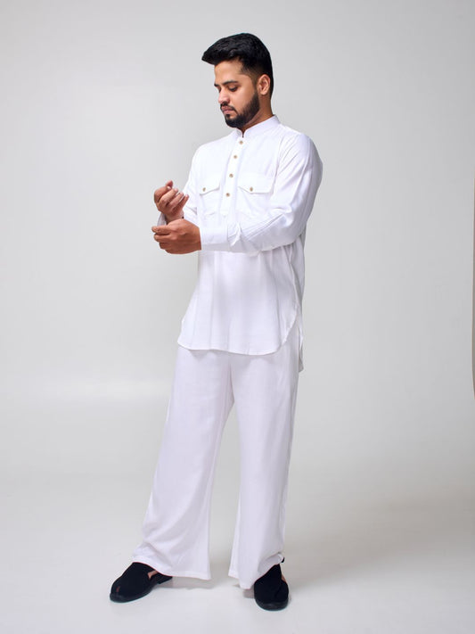 White Solid Farsi Kurta Pants Set for Men