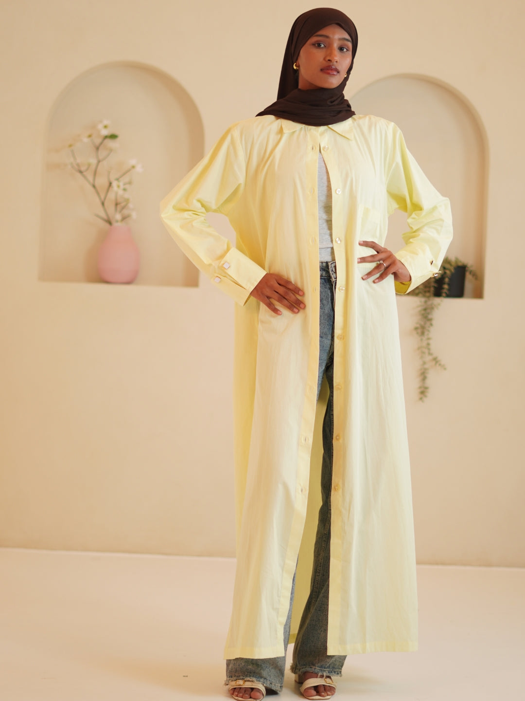 Modest Front Open Solid Shirt Dress