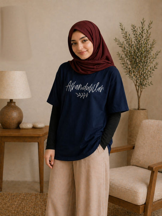 Alhamdulillah Modest Navy Blue T-Shirt for Women