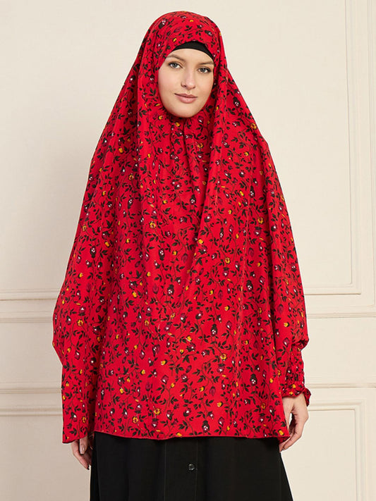 Red Printed Full Free Size Prayer Khimar