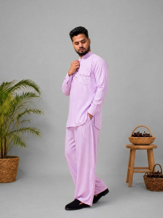 Lavender Solid Farsi Kurta Pants Set for Men