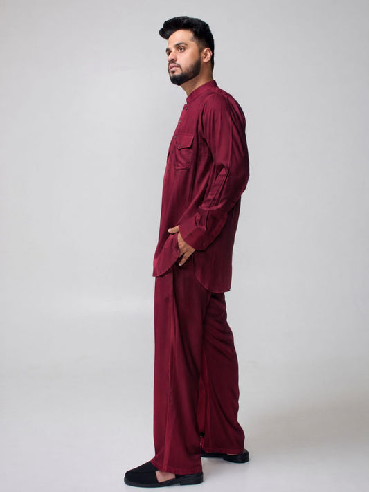 Maroon Solid Farsi Kurta Pants Set for Men