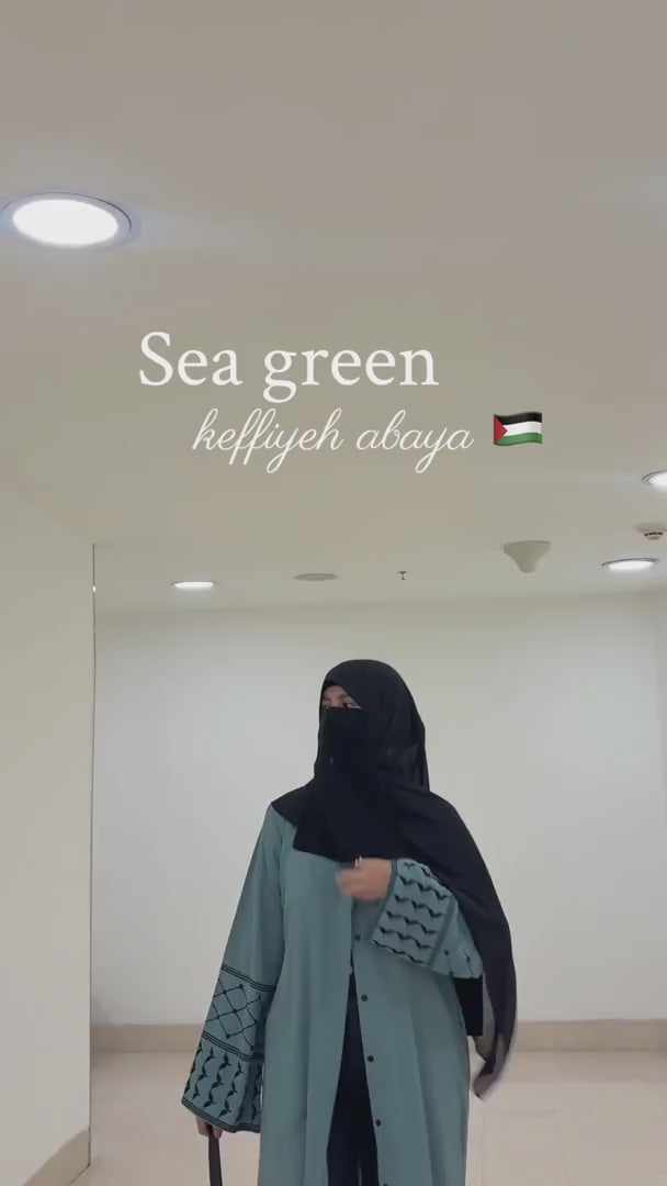 Kefiyyeh Embroidery Front Open Abaya with Black Hijab