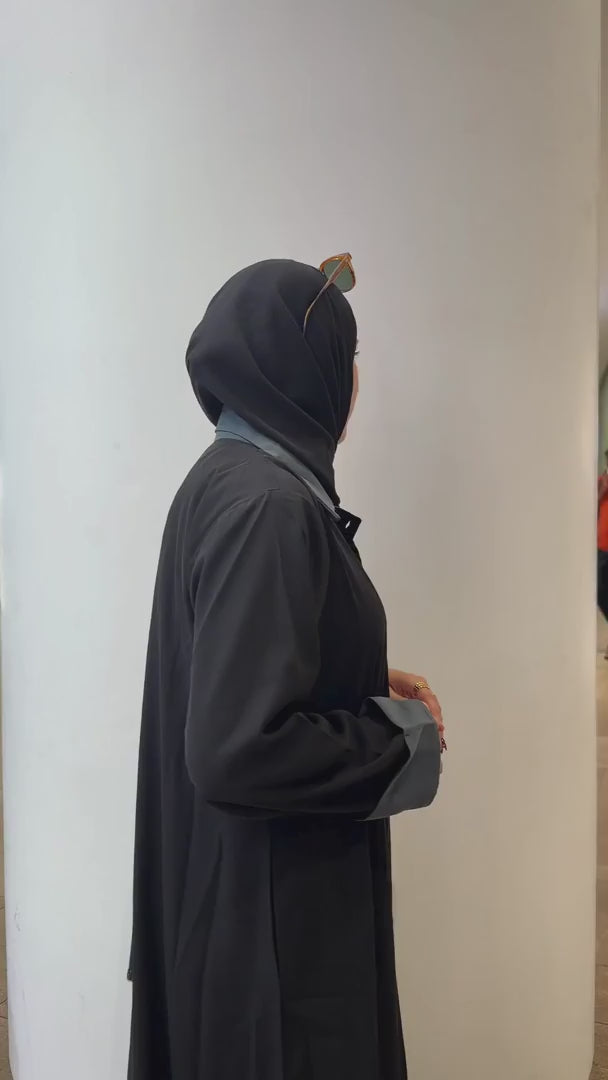 Front-Open Black Abaya with Black Georgette Hijab