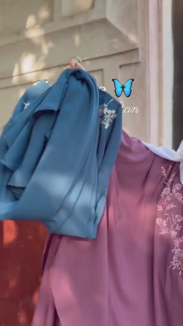 Sky Blue Chikan Hand Embroidered Irani Kaftan Abaya with Black Georgette Hijab