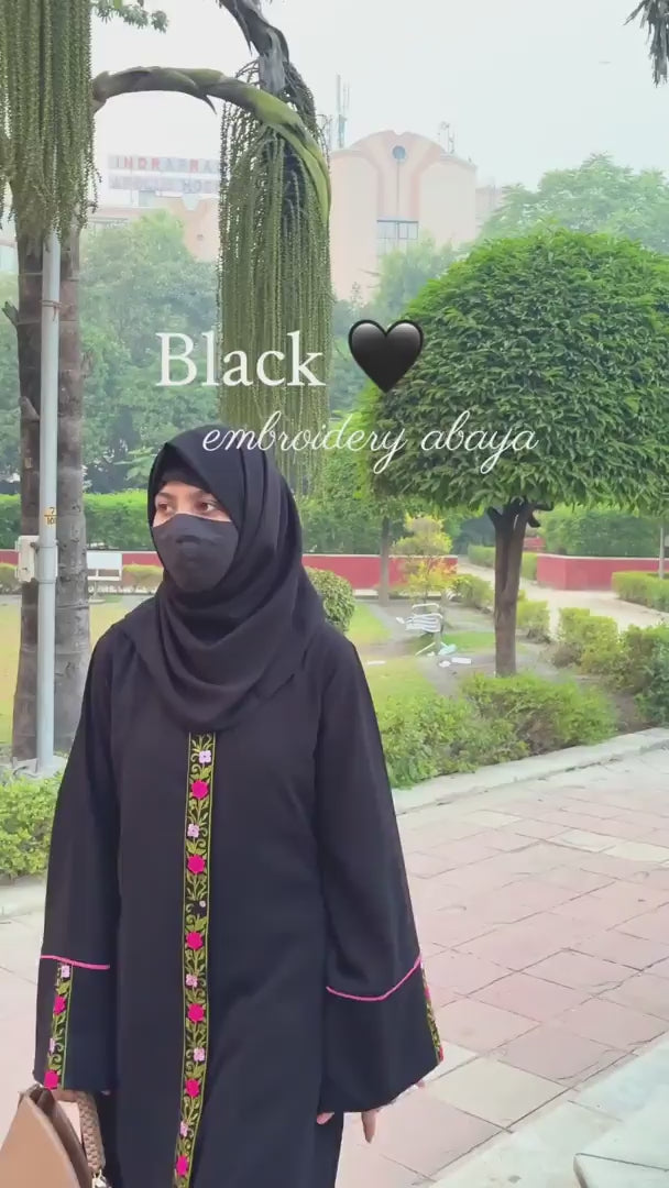Front Open Modest Embroidered Abaya Burqa with Black Hijab