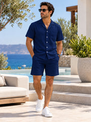 Navy Blue Linen Summer Beach Co-ord Outfit for Men | Shirt and Shorts Set